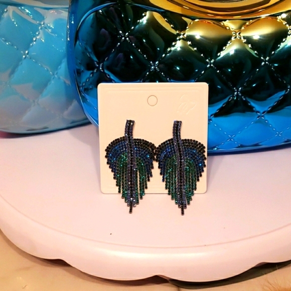 Elegant Blue and Green Leaf Earrings - Picture 1 of 8